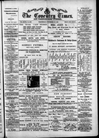 cover page of Coventry Times published on November 30, 1881