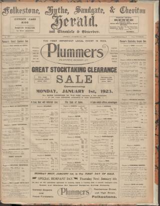 cover page of Folkestone, Hythe, Sandgate & Cheriton Herald published on December 30, 1922