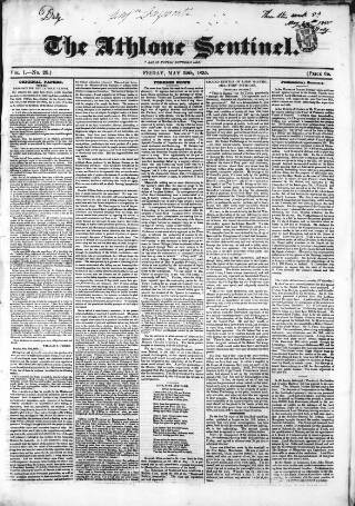 cover page of Athlone Sentinel published on May 29, 1835