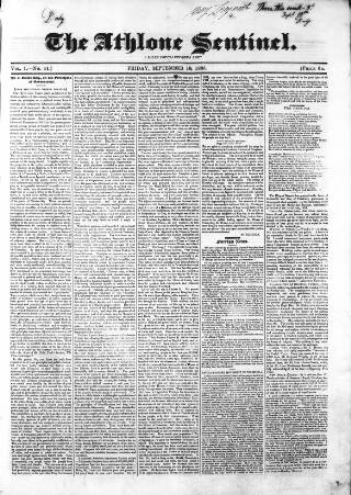 cover page of Athlone Sentinel published on September 18, 1835
