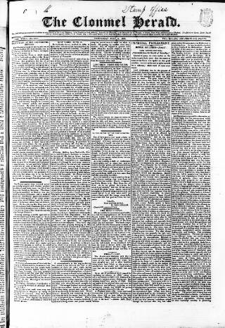 cover page of Clonmel Herald published on July 6, 1836
