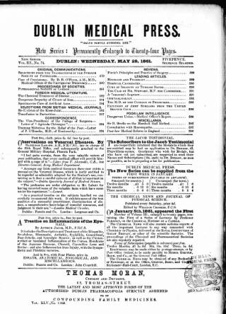 cover page of Dublin Medical Press published on May 29, 1861