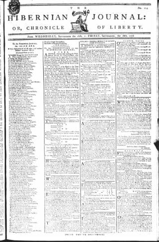 cover page of Hibernian Journal; or, Chronicle of Liberty published on September 18, 1778