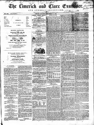 cover page of Limerick and Clare Examiner published on November 15, 1851