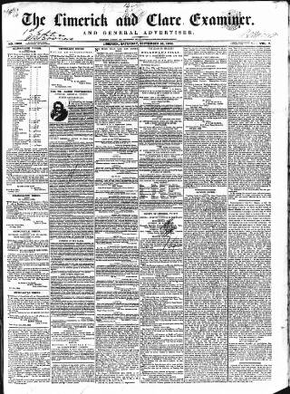 cover page of Limerick and Clare Examiner published on September 18, 1852