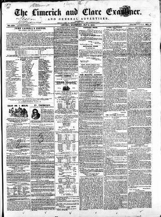 cover page of Limerick and Clare Examiner published on July 6, 1853
