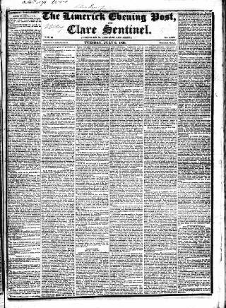 cover page of Limerick Evening Post published on July 6, 1830