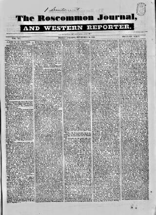 cover page of Roscommon Journal, and Western Impartial Reporter published on November 15, 1833