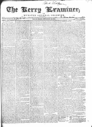 cover page of Kerry Examiner and Munster General Observer published on September 18, 1840