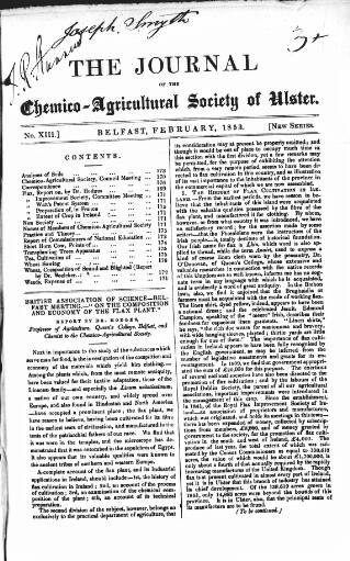 cover page of Journal of the Chemico-Agricultural Society of Ulster published on February 7, 1853