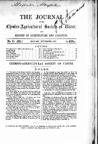 cover page of Journal of the Chemico-Agricultural Society of Ulster published on November 2, 1857