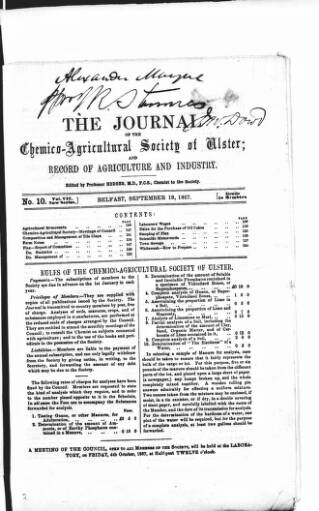 cover page of Journal of the Chemico-Agricultural Society of Ulster published on September 18, 1867