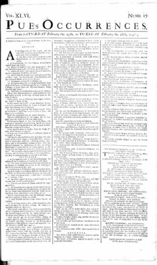 cover page of Pue's Occurrences published on February 28, 1749