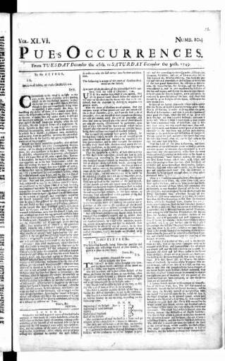 cover page of Pue's Occurrences published on December 30, 1749