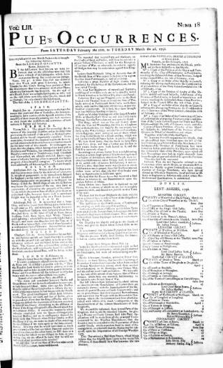 cover page of Pue's Occurrences published on February 28, 1756
