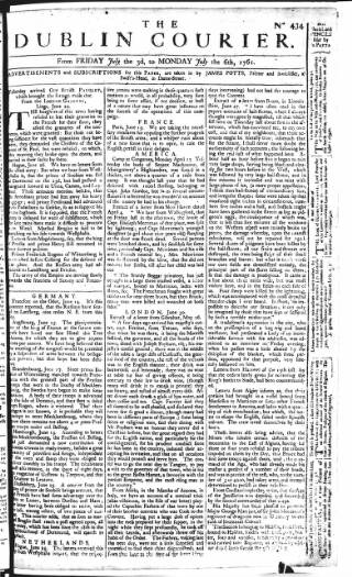 cover page of Dublin Courier published on July 6, 1761