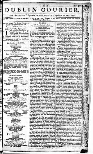 cover page of Dublin Courier published on September 18, 1761