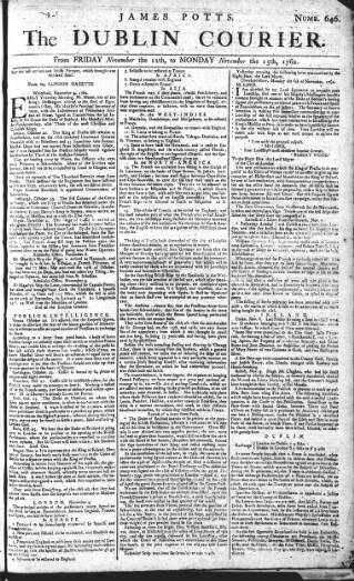 cover page of Dublin Courier published on November 15, 1762