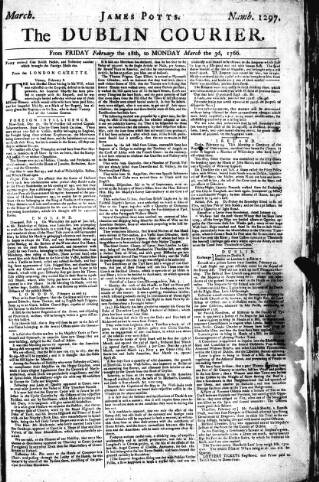 cover page of Dublin Courier published on February 28, 1766