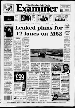 cover page of Huddersfield Daily Examiner published on November 15, 1993