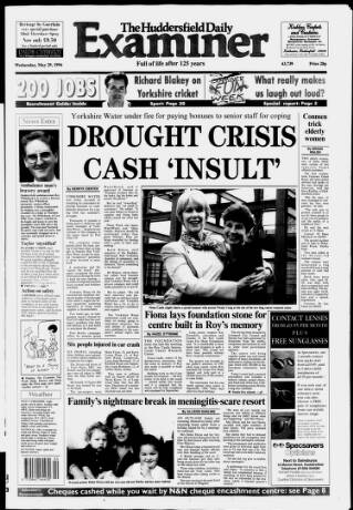 cover page of Huddersfield Daily Examiner published on May 29, 1996