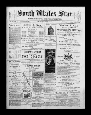 cover page of South Wales Star published on November 25, 1892