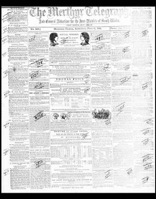 cover page of Merthyr Telegraph, and General Advertiser for the Iron Districts of South Wales published on July 6, 1861