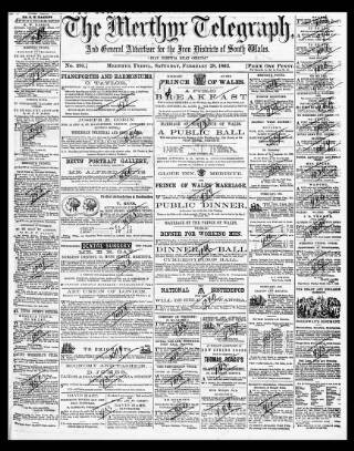 cover page of Merthyr Telegraph, and General Advertiser for the Iron Districts of South Wales published on February 28, 1863