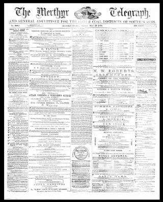 cover page of Merthyr Telegraph, and General Advertiser for the Iron Districts of South Wales published on May 29, 1874
