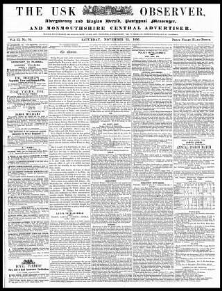 cover page of Usk Observer published on November 15, 1856