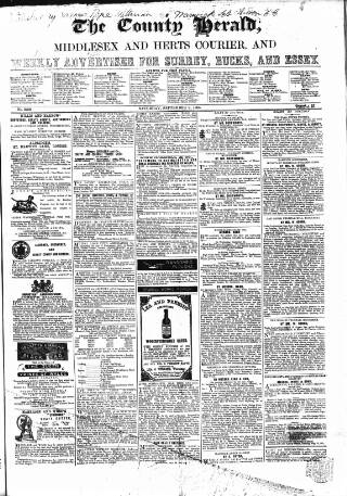 cover page of County Chronicle, Surrey Herald and Weekly Advertiser for Kent published on September 9, 1865