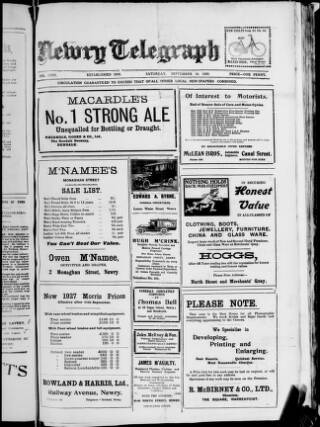 cover page of Newry Telegraph published on September 18, 1926