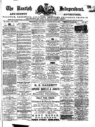 cover page of Kentish Independent published on November 15, 1884