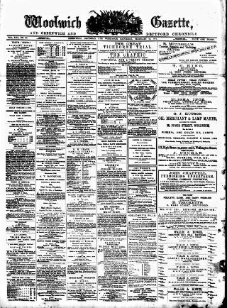 cover page of Woolwich Gazette published on February 28, 1874