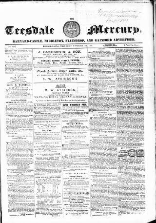 cover page of Teesdale Mercury published on November 15, 1865