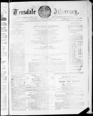 cover page of Teesdale Mercury published on December 30, 1874