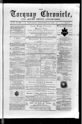 cover page of Torquay Chronicle and South Devon Advertiser published on November 15, 1862