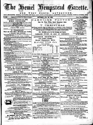 cover page of Hemel Hempstead Gazette published on November 30, 1872