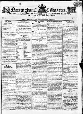 cover page of Nottingham Gazette published on February 3, 1815
