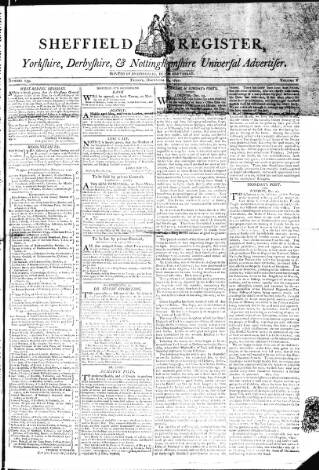cover page of Sheffield Register published on December 30, 1791
