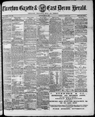 cover page of Tiverton Gazette (Mid-Devon Gazette) published on May 29, 1883