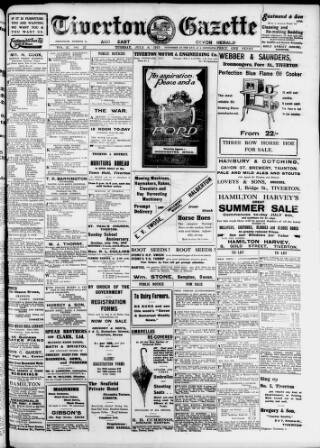 cover page of Tiverton Gazette (Mid-Devon Gazette) published on July 6, 1915