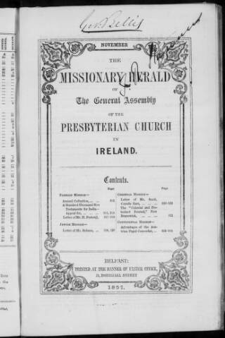 cover page of Missionary Herald of the Presbyterian Church in Ireland published on November 1, 1857