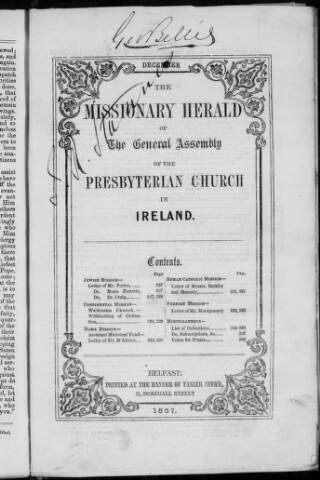 cover page of Missionary Herald of the Presbyterian Church in Ireland published on December 1, 1857