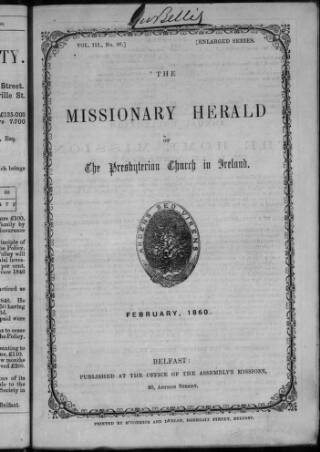 cover page of Missionary Herald of the Presbyterian Church in Ireland published on February 1, 1860