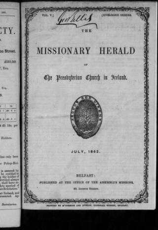 cover page of Missionary Herald of the Presbyterian Church in Ireland published on July 1, 1862