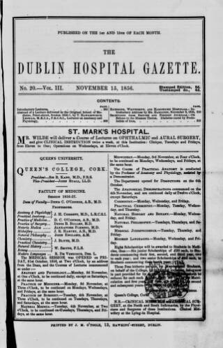 cover page of Dublin Hospital Gazette published on November 15, 1856