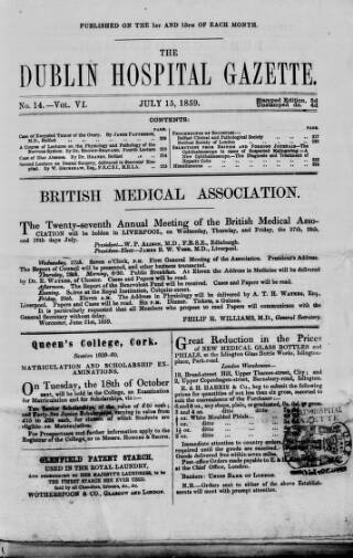 cover page of Dublin Hospital Gazette published on July 15, 1859