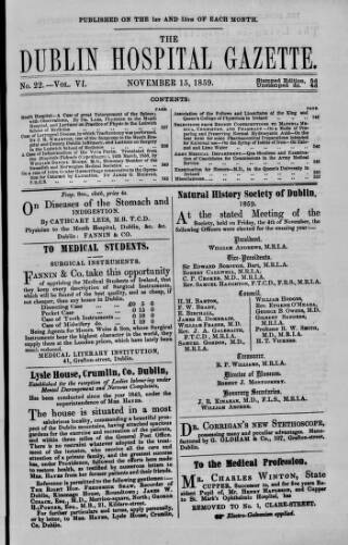 cover page of Dublin Hospital Gazette published on November 15, 1859