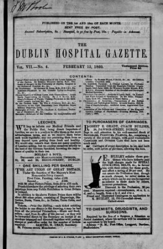 cover page of Dublin Hospital Gazette published on February 15, 1860